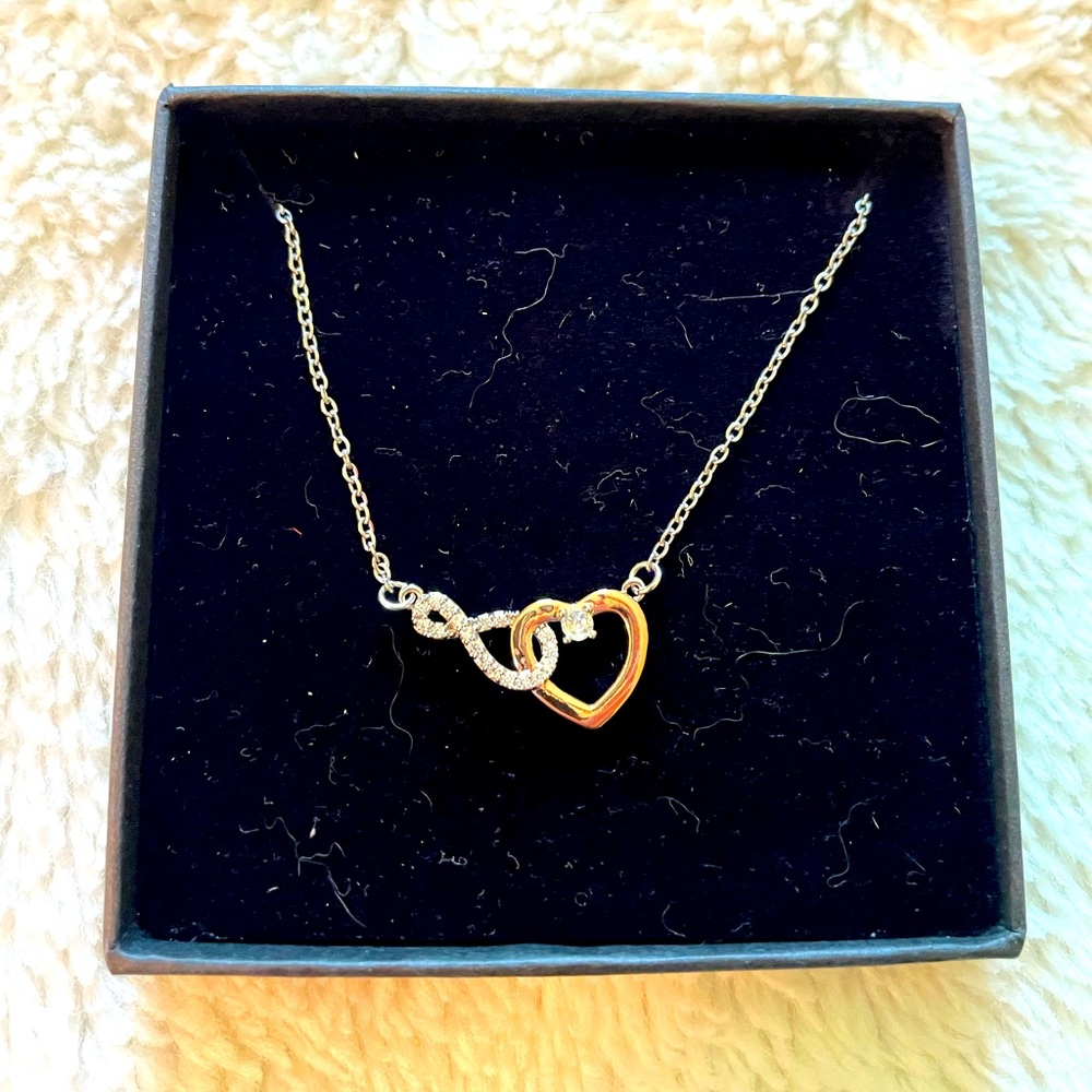Silver and Gold Tone Heart and Infinity Interwoven Symbol Necklace - Picture 3 of 8